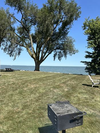 A barbecue grill is on a lawn by the water.