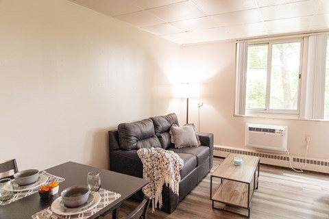 A black leather couch with a grey throw blanket sits in a living room with a table and chairs.