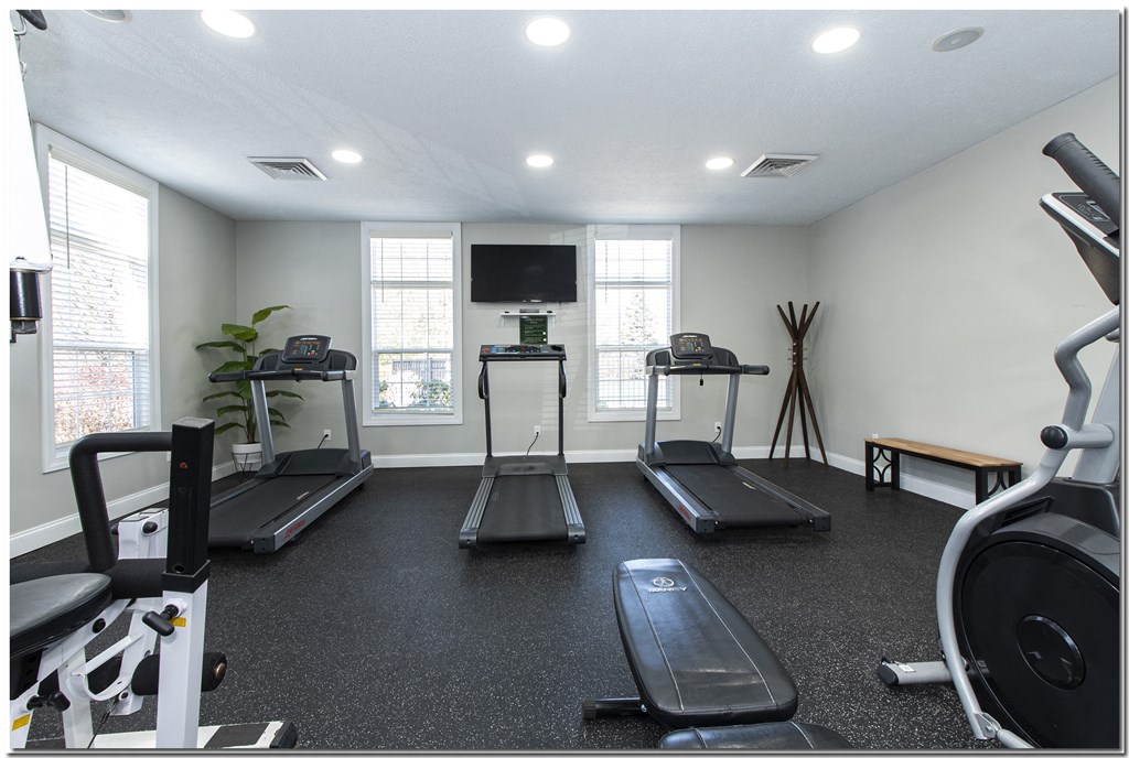 a gym with treadmills and other exercise equipment