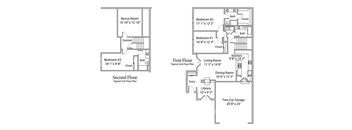 A black and white image of a two-story house floor plan.