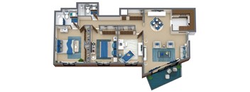 A floor plan of a house with a swimming pool.