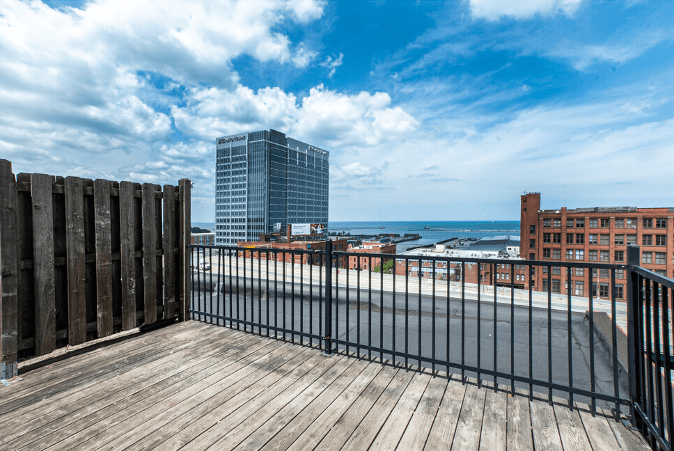 a balcony with a view of Lake Erie