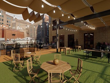 a rendering of the outdoor patio at the brewery