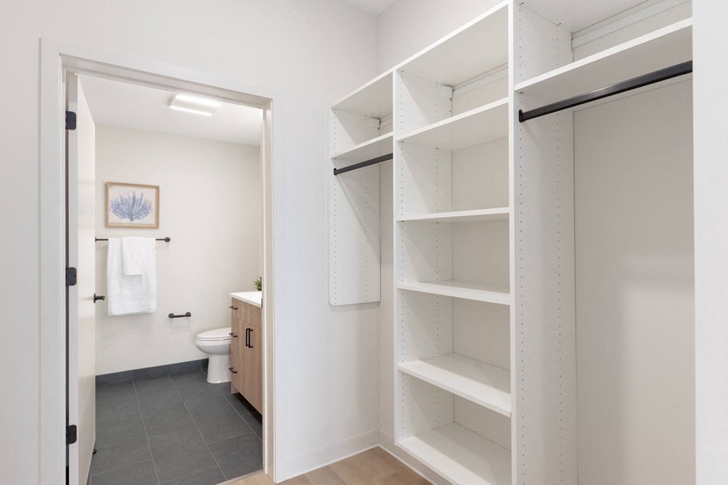 a closet in a bathroom with a toilet and a mirror in Rocky River, OH 44116