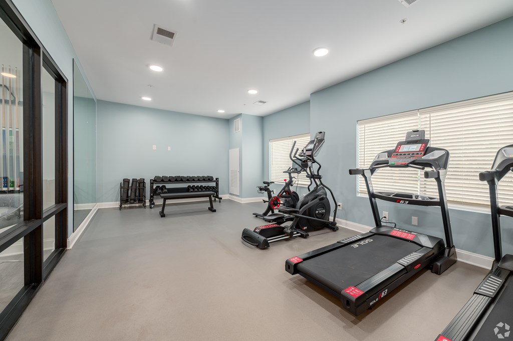 A spacious home gym with a treadmill, elliptical machines, and a bench. at Park Lamont Townhomes Apartments, Cleveland