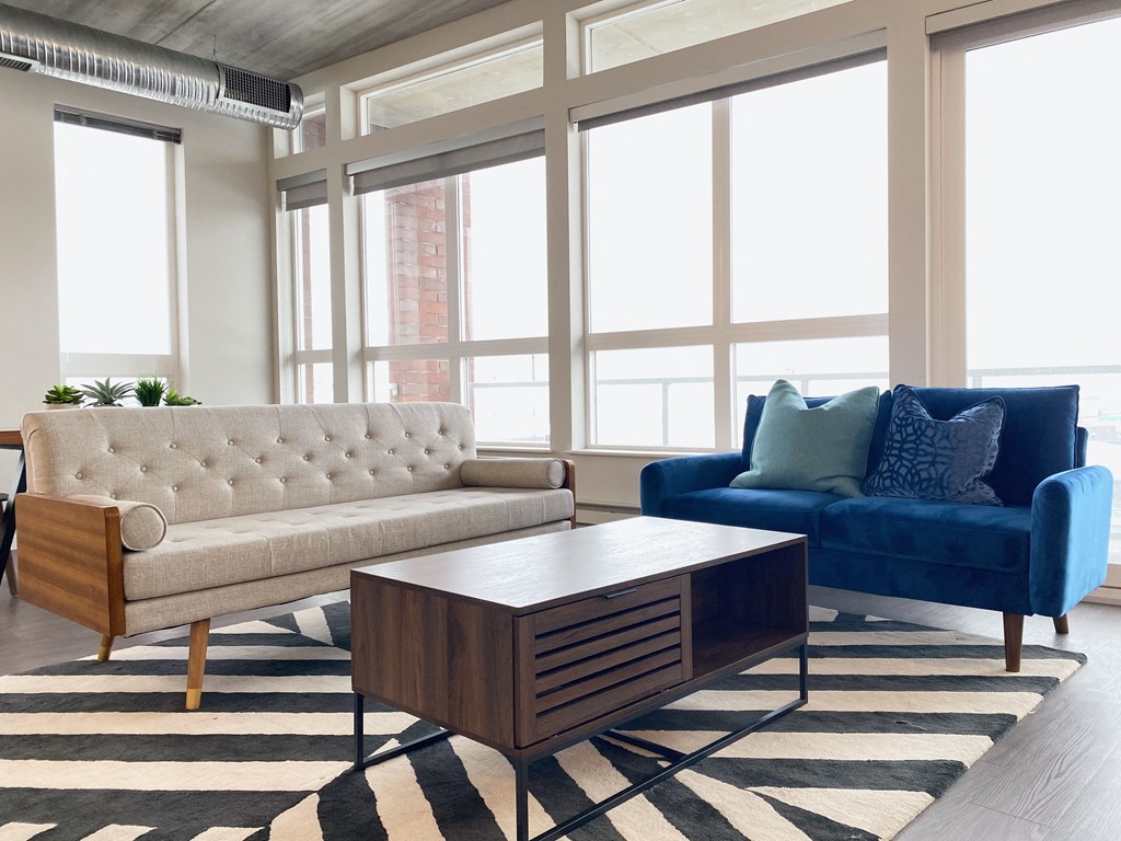 a living room with a couch and a coffee table