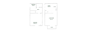 A floor plan of a house with two bedrooms, a living room, a dining area, a kitchen, a bathroom, and a patio.