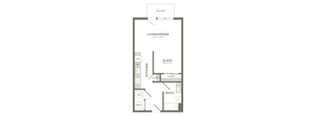 A floor plan of a small apartment with a sleeping area, kitchen, bathroom, and living/dining area.