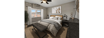 a bedroom with a bed and a ceiling fan