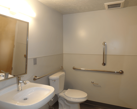 A bathroom with a toilet, sink, and grab bar.