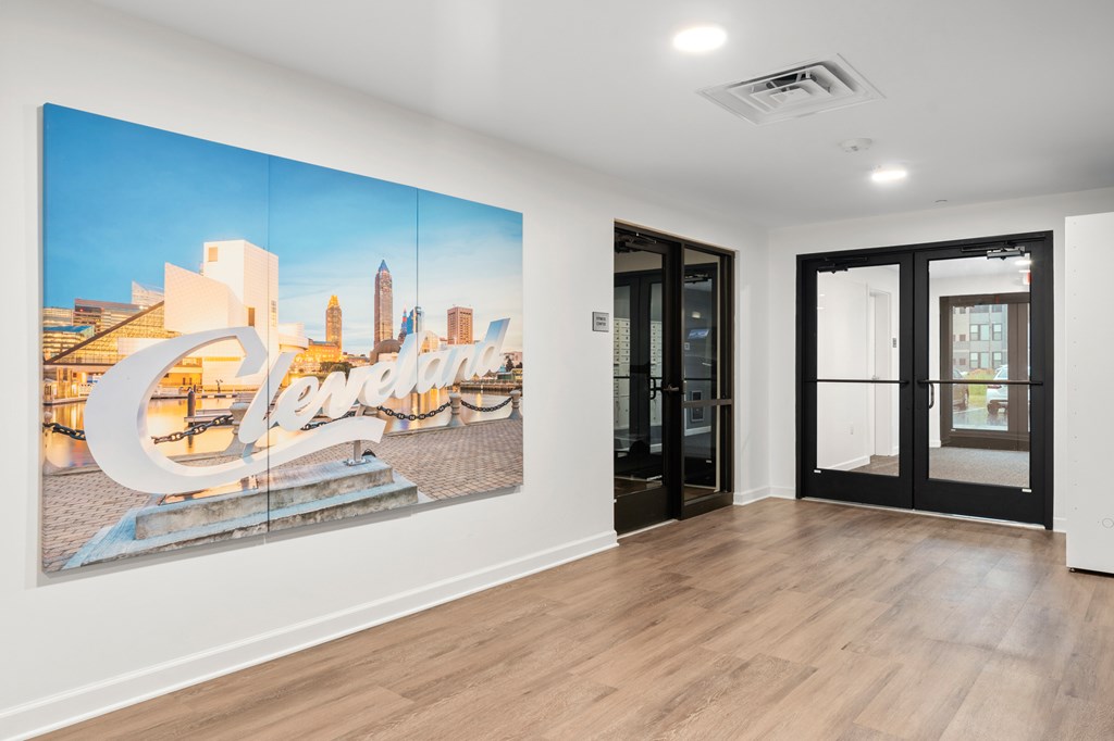 A large picture of a cityscape with the word  at The Lumos Apartments, Cleveland 44106