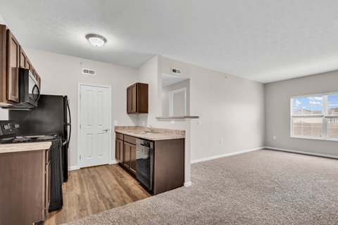 A kitchen with a black stove top oven and a white door.