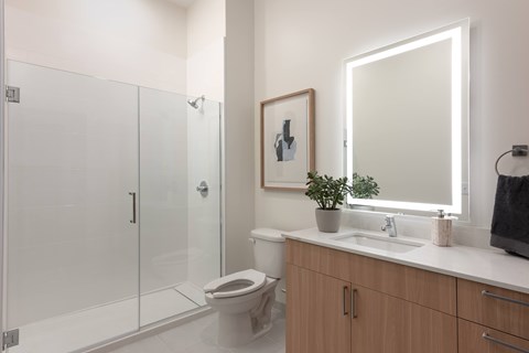 A bathroom with a toilet, sink, and mirror.
