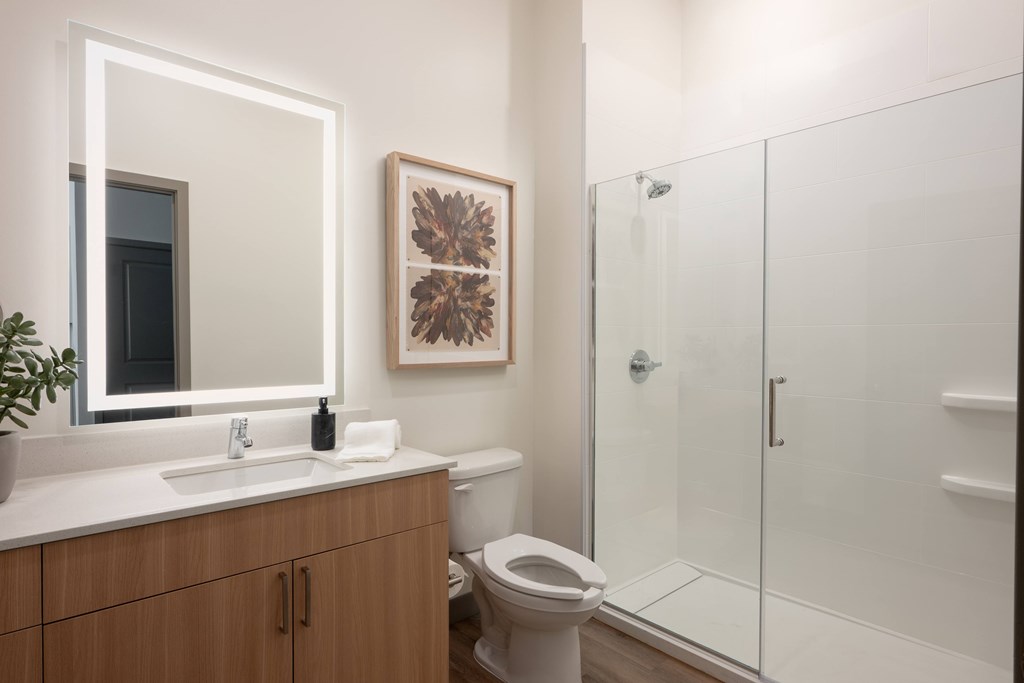 A bathroom with a toilet, sink, mirror, and a plant.