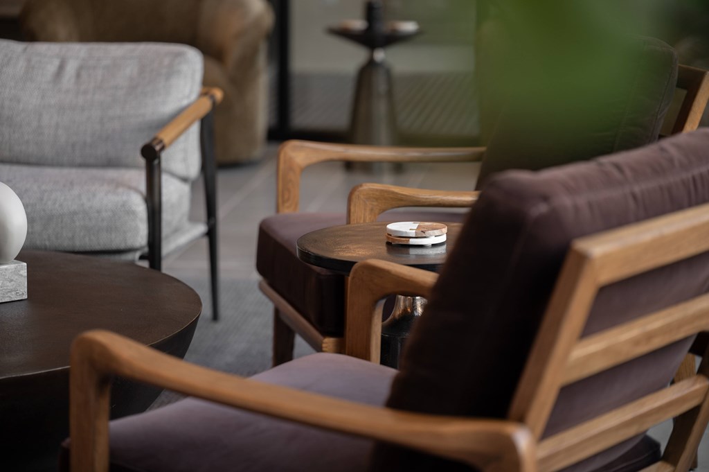 A brown chair with a wooden frame and a brown cushion is in the foreground.