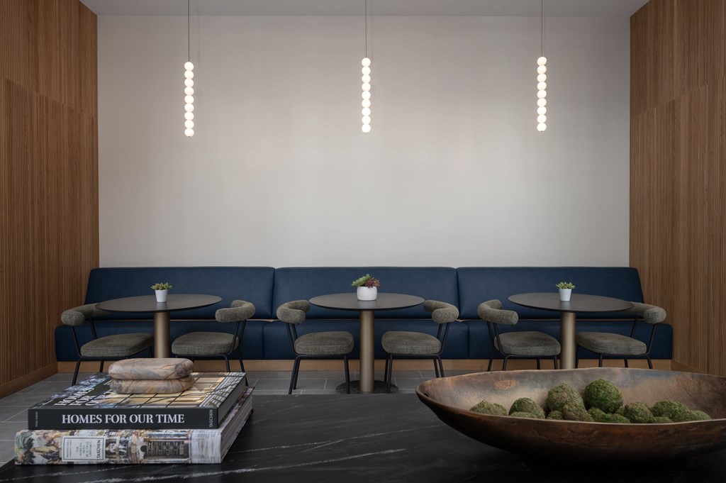 A modern living room with a blue sofa, wooden side panels, and a bowl of green plants on the coffee table.