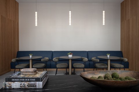A modern living room with a blue sofa, wooden side panels, and a bowl of green plants on the coffee table.