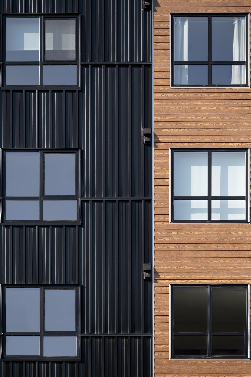 A tall building with a black and brown facade.