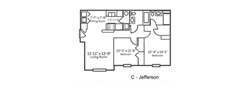 A floor plan of apartment C Jefferson showing a living room, dining room, and two bedrooms.