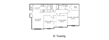 A floor plan of a D-Tussing apartment with a living room, dining room, kitchen, and three bedrooms.