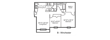 A floor plan of a Winchester apartment with a living room, dining room, and two bedrooms.