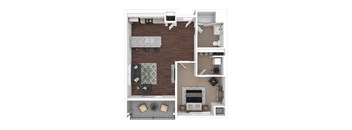 A top-down view of a living room with a couch, a fireplace, and a television. at The Lumos Apartments, Cleveland, Ohio