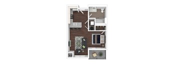 A top-down view of a small apartment with a kitchen, living room, and bedroom. at The Lumos Apartments, Cleveland 44106