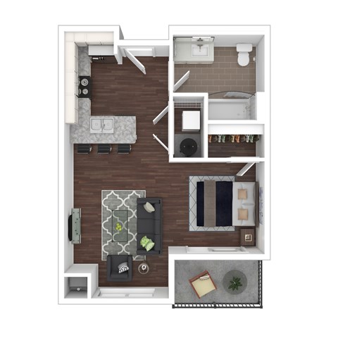A top-down view of a small apartment with a kitchen, living room, and bedroom. at The Lumos Apartments, Cleveland 44106