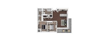 A top-down view of a small apartment layout with a kitchen, living room, and bathroom. at The Lumos Apartments, Cleveland