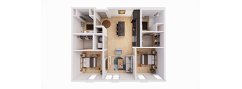 A top down view of a small apartment with a kitchen, living room, and two bedrooms.