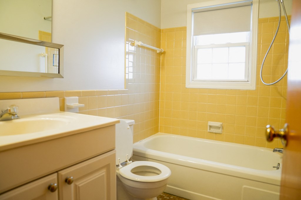 a bathroom with a toilet and a tub and a sink