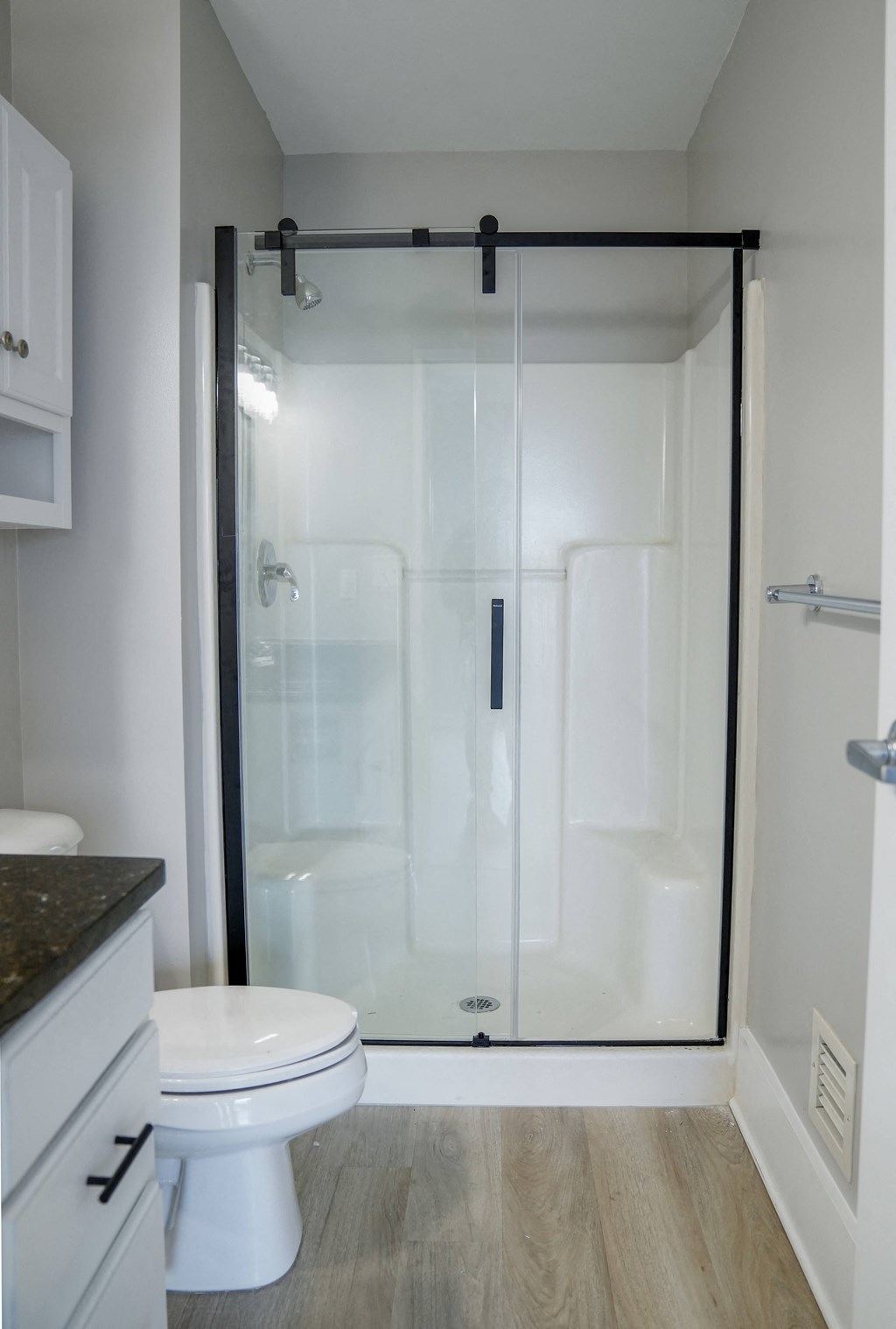 a small bathroom with a shower and a toilet