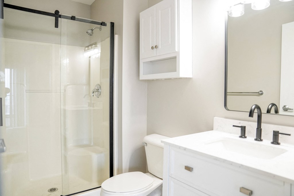 a white bathroom with a shower and a sink and a toilet