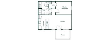 A floor plan of a house with a master bedroom, a living room, a kitchen, a porch, and a walk-in closet.