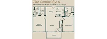 A floor plan of a two bedroom apartment with a living room, dining room, kitchen, and attached 2-car garage.