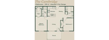 A floor plan of a two bedroom apartment with a garage.