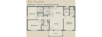 A floor plan of a three bedroom house with a two car garage.