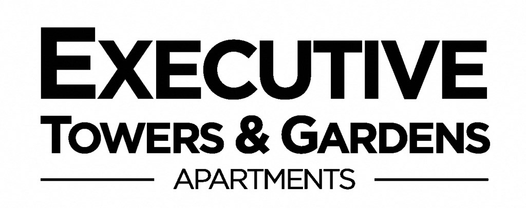 a black and white image of the executive towers and gardens apartments logo