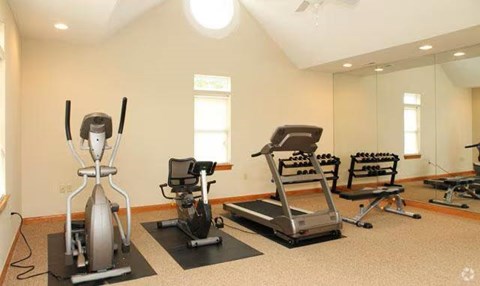 A home gym with a rowing machine, a treadmill, and a stationary bike.