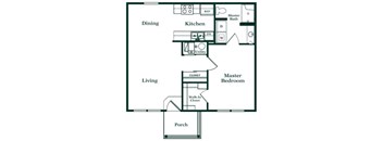 A floor plan of a house with a kitchen, dining area, living room, porch, and two bedrooms.
