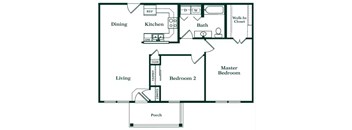 A floor plan of a house with a living room, dining room, kitchen, two bedrooms, a bathroom, and a porch.