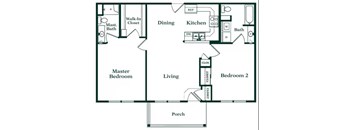 A floor plan of a house with a master bedroom, two bathrooms, a living room, a dining room, a kitchen, a porch, and a walk-in closet.