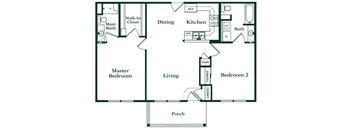 A black and white floor plan of a house with a master bedroom, a living room, a dining area, a kitchen, two bathrooms, and a porch.