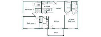 A floor plan of a house with a kitchen, dining area, and three bedrooms.