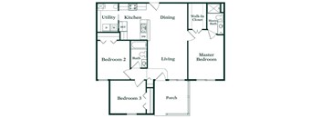 A floor plan of a house with a living room, dining room, kitchen, and three bedrooms.