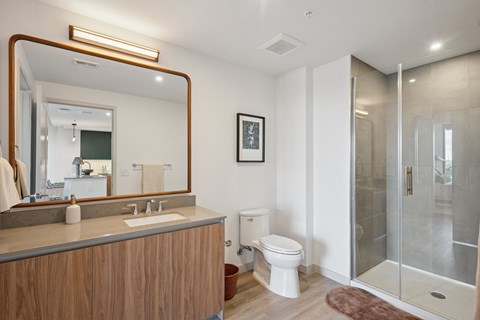 A bathroom with a wooden vanity and a large mirror.