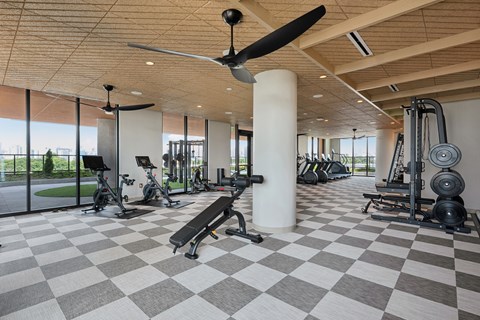 A gym with a variety of equipment including weights and cardio machines.