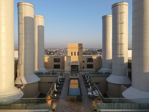 a view of the building from the roof of the science center at sunset