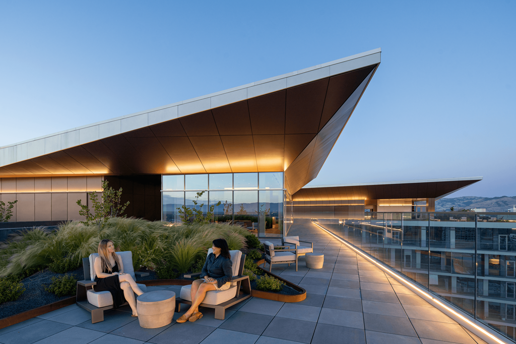 miro rooftop sky deck seating area at twilight