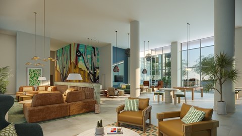 A modern living room with a large painting on the wall and a variety of seating options.